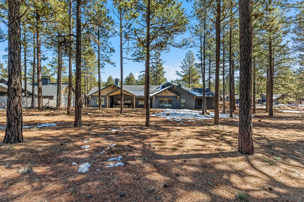 This exterior image showcases the house nestled among tall trees with patches of snow on the ground, highlighting the serene, natural surroundings that envelop the home. The peaceful setting evokes a feeling of harmony with nature and hints at the variety of outdoor activities available in the area.