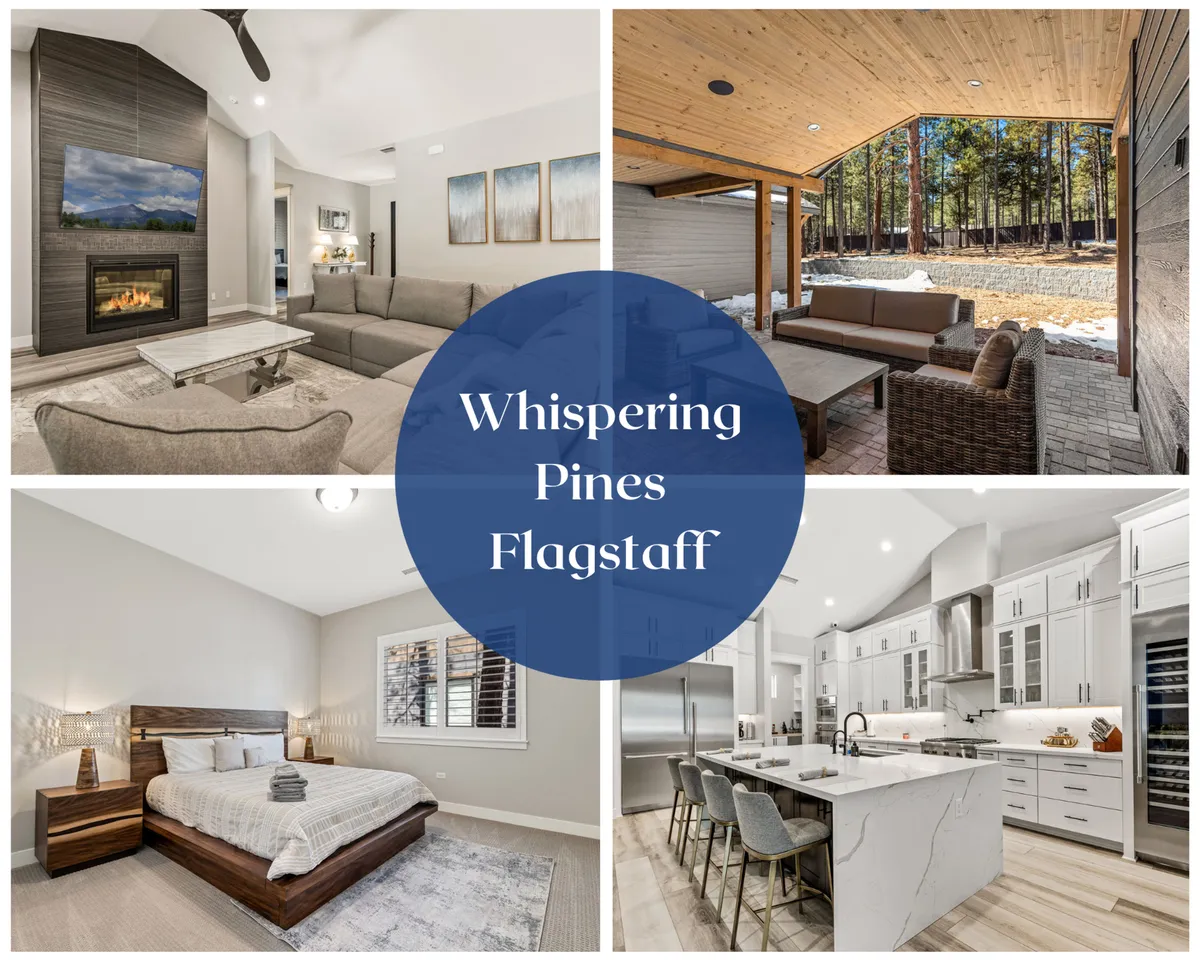 The image showcases a beautifully designed open-concept living space with a crackling fireplace, a spacious kitchen island perfect for gatherings, plush seating for relaxation, and a glimpse into a serene bedroom retreat—all illuminated by warm, natural light.